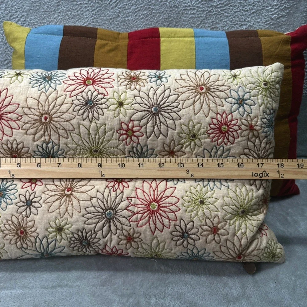Pier 1 Embroidered Floral Lumbar Throw Pillows Set of 2 Striped Reversible Retro